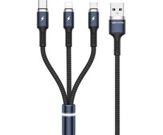 WEKOME WDC-119 Fython serija – trys viename USB-A su „Lightning“ + USB-C + mikro USB PD jungties laidas 1,2 m (juodas)