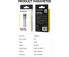 Wozinsky WNBCC2 USB-C / USB-C PD 65W kabelis 2 m – juodos spalvos