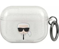 Karl Lagerfeld Karlo Lagerfeldo dėklas, skirtas "AirPods Pro" KLAPUKHGS sidabrinis blizgutis Karlo galva