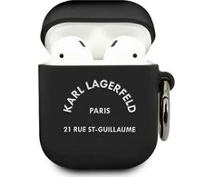 Karl Lagerfeld Rue St Guillaume silikoninis dėklas ausinėms AirPods 1/2 juodos spalvos
