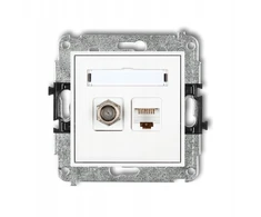 Karlik Elektrotechnik 25MGFK-1 MINI antenos lizdo mechanizmas, vieno F tipo (SAT) + kompiuterio lizdo dangtelis. 1xRJ45, kat. 5e, 8 kontaktų matinės baltos spalvos 25MGFK-1