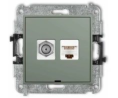 Karlik Elektrotechnik 61MGFKBO-1 MINI Antenos lizdo mechanizmas, vienas F tipo (SAT) + kompiuterio lizdai 1xRJ45, kat. 5e, 8 kontaktų, be aprašymo, sage 61MGFKBO-1