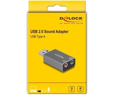 „DeLOCK“ išorinė USB garso plokštė su USB-A tipo kištuku į 2 x 3,5 mm stereo lizdą. „Plug &amp; Play“ garso adapteris asmeniniams kompiuteriams, nešiojamiesiems kompiuteriams ir „Mac“, USB 2.0 A tipo, 3,5 mm 3 kontaktų, pilka.