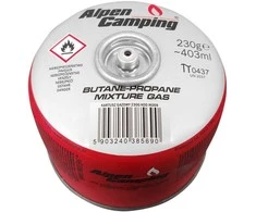 Inko Time Kartusz „Alpen Camping“ 230 g dujų balionėlis. Sertifikatas: Pi 0656, atitinka EN417 standartą, propanas-butanas, temperatūros diapazonas nuo -10 °C iki + 40 °C, srieginis vožtuvas 7/