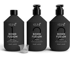 Rinkinys Keune: Bond Fusion Phase 1 plaukų priežiūros losjonas-kaukė Bond Repair, 500 ml + Bond Fusion Phase 2 plaukų priežiūros losjonas-kaukė Bond Enhancer, 500 ml + matavimo puodelis