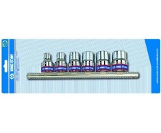 KING TONY STAR SOCETS RINKINYS / TORX 3/8" 6 vnt. SHORT E8 - E18, CHROME, ON bėgelis