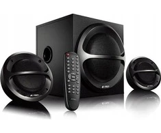 Kompiuterio kolonėlės Fenda F&amp;D A111X 2.1 daugialypės terpės garsiakalbiai, 35 W RMS (11 Wx2 + 13 W), 2x4 colių palydovai + 4 colių žemųjų dažnių garsiakalbis, BT 5.0 / AUX / USB / FM / nuotolinio valdymo pultas / medinis / Juodas