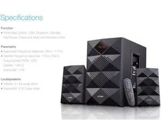 Kompiuterio kolonėlės Fenda F&amp;D A180X 2.1 daugialypės terpės garsiakalbiai, 42W RMS (14Wx2+14W), 2x3'' palydovai + 5,25'' žemųjų dažnių garsiakalbis, BT 5.0/AUX/USB/FM/LED Ekranas/Nuotolinio valdymo pultas/Medinis/Juodas