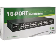 Komutatorius „InLine® PoE+“ gigabito tinklo injektoriaus šakotuvas, 16 prievadų (16x PoE+), 1Gb/s, 19" 1U (su laikikliais), metalinis, 2 ventiliatoriai