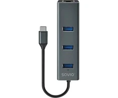 Savio AK-57 USB-C - 3 x USB-A HUB su RJ-45 Gigabit Ethernet adapteriu, 5000 Mbit/s, pilkas