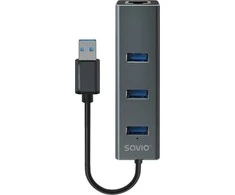 USB Hub - Savio AK-57 3x USB-A Huba su RJ-45 Gigabit Ethernet 5000 Mbit/s Pilkas