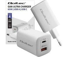 QOLTEC 50765 GaN ULTRA 65w įkroviklis / 5-20V / 2,25 3,25A / 1 x USB tipo C PD / 1x USB / Baltas