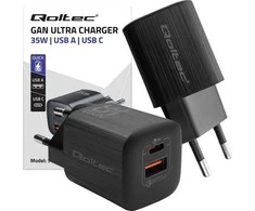 QOLTEC 50764 GaN ULTRA 35W charger / 5-20V / 2.25 3A / 1 x USB type C PD / 1x USB / Juodas