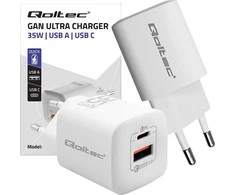 QOLTEC 50763 GaN ULTRA 35W įkroviklis / 5-20V / 2,25 3A / 1 x USB tipo C PD / 1x USB / Baltas