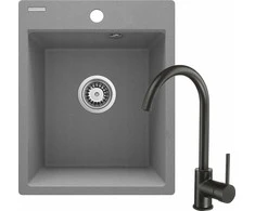 Granitinė virtuvinė plautuvė Deante Corio su maišytuvu, ZRCBS103, Metallic pilkas+Juodas