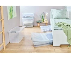 Keeeper Box with lid on wheels underbed box Leo 77x38x16 cm 33L transparent