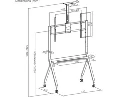 Laikiklis „Maclean“ televizoriaus stovas / vežimėlis, lentyna kamerai, su ratukais, 55–100", maks. apkrova 120 kg / 10 kg lentynos, maks. VESA 900x600, baltas, MC-114 W