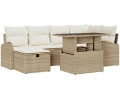 7 dalių sodo sofa komplektas su pagalvėmis Smėlio poliratanas, 2 vietų sodo sofa su saugojimu ir pagalvėmis Smėlio poliratanas