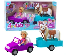 Lean Toys Lėlės rinkinys su automobiliu, priekaba ir arkliu