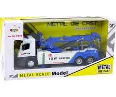 Lean Toys Baltas ir Mėlynas Sunkvežimis su Kranu ir Dviem Metaliniais Kabliais