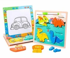 Lean Toys Medinė edukacinė dėlionė su dinozaurais ir piešimo lenta