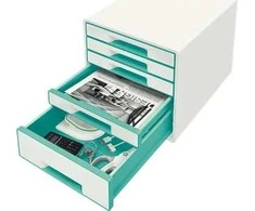 Leitz LEITZ CUBE WOW Schubward Box perlweiss- iceblau mit 5 Schubward. Tvirtas ir stabilus ansprechestm 2-farbigem WOW Design Hochgla - 52142051