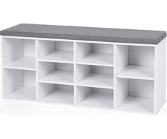 Leobert Batų lentyna su minkšta sėdyne ir 10 lentynų, balta ir pilka, 104 × 30 × 48 cm