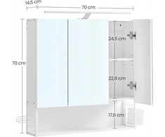 Valora Pakabinama vonios spintelė su veidrodžiais ir LED šviestuvu, balta, 70 × 14,5 × 70 cm
