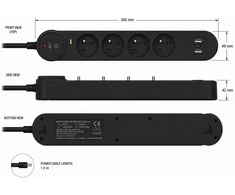 ART FU810 4 gniazda-10A-2USB A+C-2.6A-juoda-1,5m-3x1,0mm2