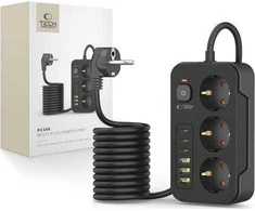 Tech-Protect PC3X6 Power Strip 3 Sockets 240V + 3xUSB-A + 3xUSB-C 200cm – Juodas