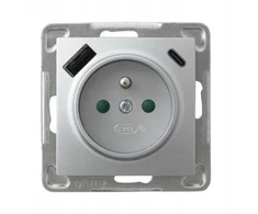 Ospel GP-1YZPUSBAC/m/18 IMPRESJA Viengubas lizdas su įžeminimu ir srovės kelio skląsčiais, su USB A+C įkrovikliu, sidabrinis GP-1YZPUSBAC/m/18
