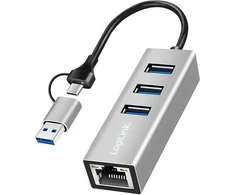 „LogiLink“ USB 3.2 Gen 1 šakotuvas – 3 x USB-A – 1 x RJ45 – sidabrinis