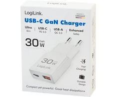 Įkroviklis LogiLink LogiLink USB Wall Charger, GaN, 2port, USB-AF &amp; USB-CF, PD 30W, slim, baltas