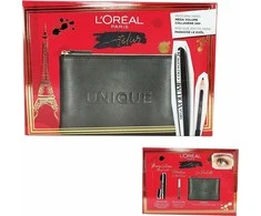 Set L'Oreal Paris: L'Oreal Paris Kajal Eye Pieštukas Juodas 1.5 g + Mega Volume Collagene 24h Atsparus vandeniui Blakstienų tušas Mega Juodas, 9 ml + Textile Makeup Bag Juodas