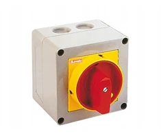 Lovato Electric Krumpliaratinis jungiklis 0-1 4P 16A korpuse su geltona/raudona rankenėle, blokuojamas spyna (GX1692P25)