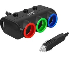 LTC LTC Adapteris CAR FIRE LED + kabelis 3 gniazda + 2xUSB, 1,2A, 12/24V, juoda.