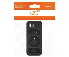 LTC Tinklo skirstytuvas: 1 apvalus lizdas su įžeminimu + 2 plokštieji lizdai + 2x USB + 2x USB-C 3,1A Juodas
