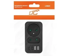 LTC Tinklo skirstytuvas: 1 apvalus lizdas su įž. + 1 plokščias lizdas + 2x USB + 2x USB-C 3,1A juodas