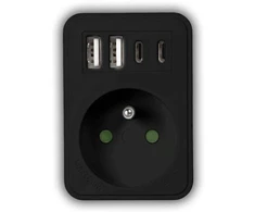 LTC Tinklo šakotuvas: 1 apvalus lizdas su įžeminimu + 2x USB + 2x USB-C, Juodas 2x2,4A
