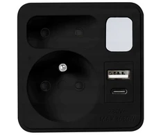 LTC Tinklo skirstytuvas su naktine lempute: 1 apvalus lizdas su įžeminimu + 1 plokščias lizdas + 1x USB + 1x USB-C 3A Juodas