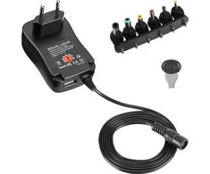 TECHLY universalus 12 W kintamosios srovės/nuolatinės srovės maitinimo šaltinis su 6 nuolatinės srovės lizdais ir USB prievadu, reguliuojama įtampa 3–12 V