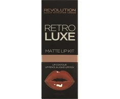 Rinkinys „Makeup Revolution“: „Retro Luxe“ lūpų pieštukas „Regal“, 1 g + „Retro Luxe“ matiniai skysti lūpų dažai „Regal“, 5,5 ml