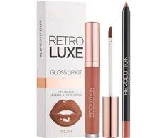 Rinkinys „Makeup Revolution“: „Retro Luxe Metallic“ skysti lūpų dažai „Worth It“ 5,5 ml + „Retro Luxe“ lūpų pieštukas „Worth It“, 1 g