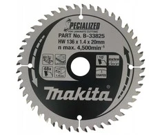 Makita T.C.T. pjūklas SPECIALIZED 136X1.4X20mm 10° T48 B-33825 T.C.T • 136 x20 mm • T48 • 10° • MDF/laminatui
