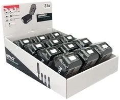 Makita E-03090 IMPACT Juodas 31vnt. antgalių rinkiniai, akumuliatoriaus formos dėkluose vitrininėje dėžėje, 12 rinkinių.
