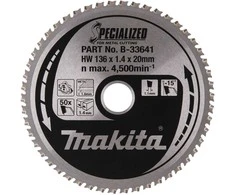 Makita T.C.T. pjūklas SPECIALIZED 136X1.4X20mm -15° T50 B-33641 T.C.T • 136 x20 mm • T50 • -15° • Metalui