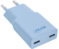 Manhattan InLine® USB-C įkroviklis, 30 W, GaN, dvigubas USB-C, PD/PPS, saldainių spalvos/mėlynas