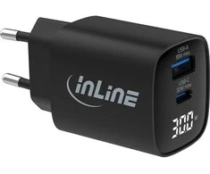 Manhattan „InLine®“ USB PD maitinimo šaltinis, GaN įkroviklis, 2 prievadų, USB-C + USB-A, 30 W, su ekranu