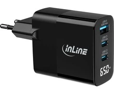 Įkroviklis Manhattan InLine® USB PD maitinimo šaltinis, kroviklis GaN, 3-Port, USB-C + USB-A, 65W, su wyświetlaczem