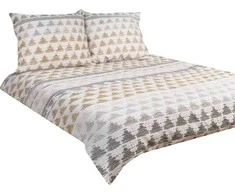 Matex Medvilninio satino patalynės komplektas, 220 x 200 cm antklodės užvalkalas su dviem pagalvių užvalkalais, OEKO-TEX sertifikatas, balta pilka juoda bėžinė trikampiai, dovanų dėžutė, miegamojo tekstilė